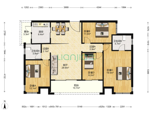 保利花园(3期) 4室1厅2卫 141平方