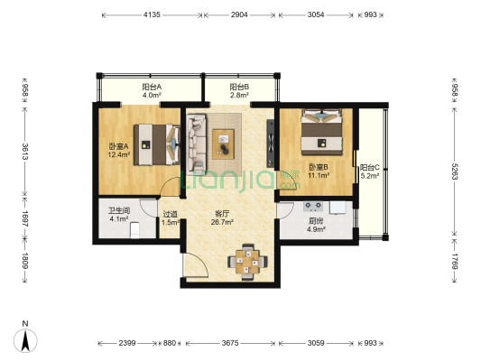 角门12号院 2室1厅1卫 96平方