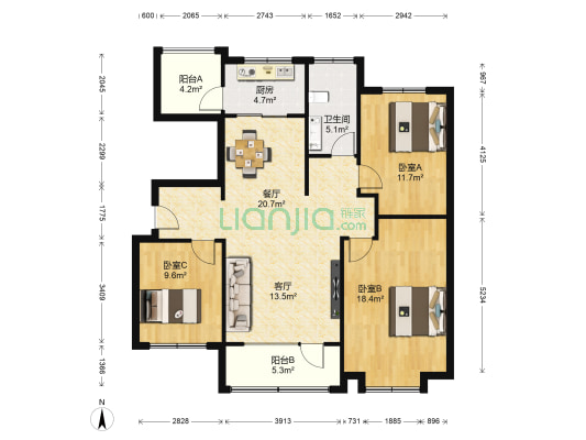 嘉亿国际二期 3室2厅1卫 132平方