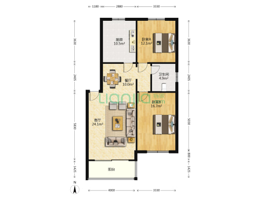 古镇苑 2室2厅1卫 93平方