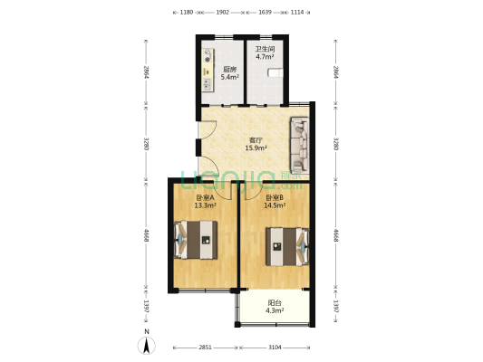 大众花苑 2室1厅1卫 76平方