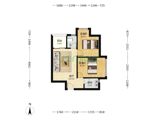 新亚洲国利大厦 2室1厅1卫 54平方