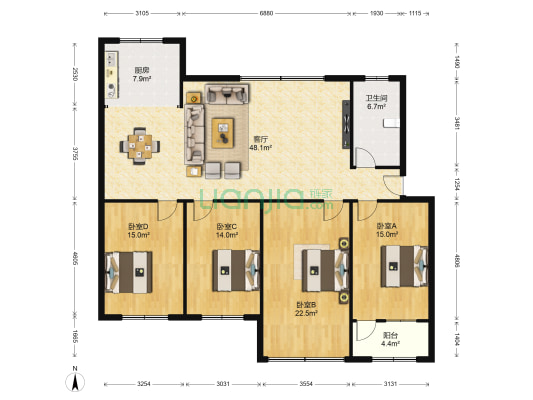 团结路联通公司家属院 4室1厅1卫 148平方