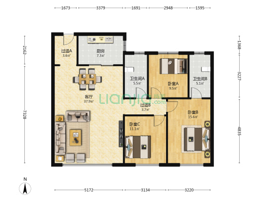 中海天钻 3室1厅2卫 127平方