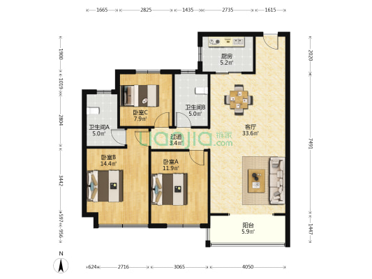 昆仑御七区 3室1厅2卫 128平方