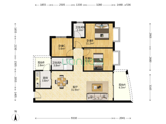 新都雅居 3室1厅2卫 100平方