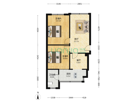 泰山南路一段19号 2室2厅1卫 70平方
