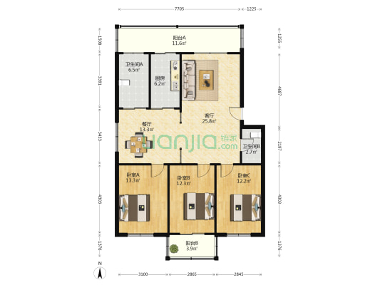 环保宿舍 3室2厅2卫 126平方