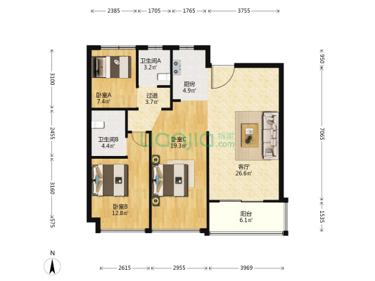 绿城留香园 3室1厅2卫 116平方