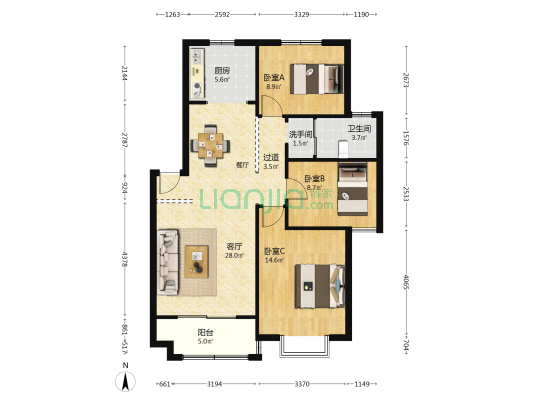 安居园 3室1厅2卫 96平方