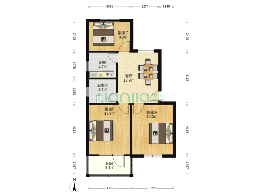钱富一村 3室1厅1卫 79平方