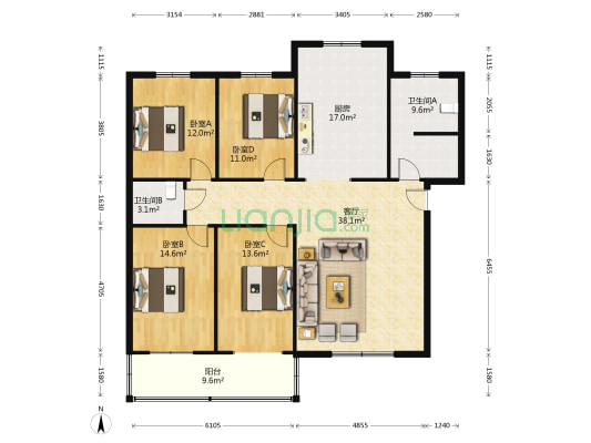 高新区燕赵花园南北通透四居毛坯随意装修-户型图
