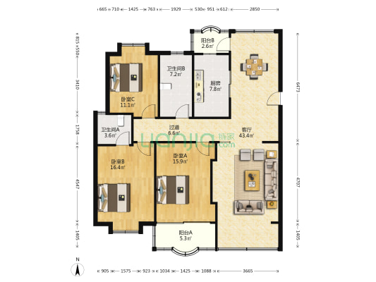 亨通花园 3室1厅2卫 137平方