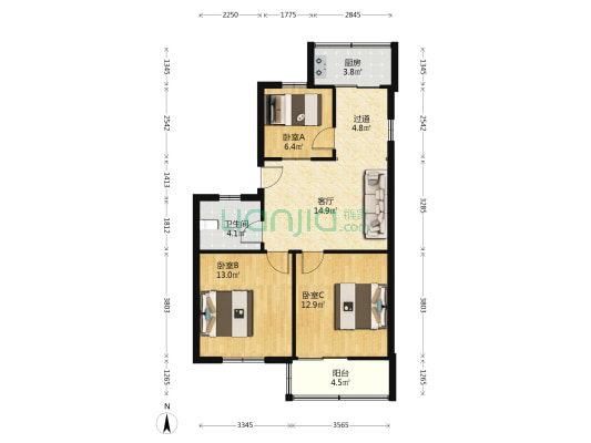 光明苑北区 3室1厅1卫 75平方