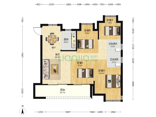 融旷•格林学府 4室1厅2卫 109平方