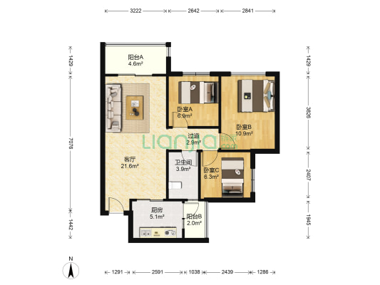 恒大绿洲四期 3室1厅1卫 89平方