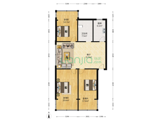 扬子江长青西村小区 3室1厅1卫 104平方