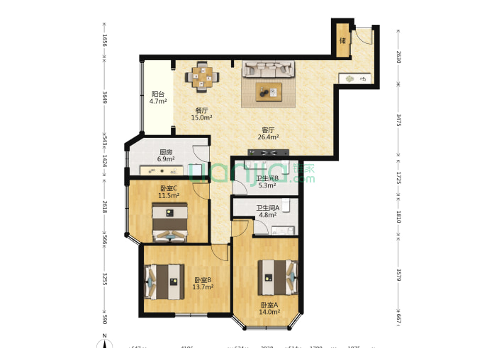 3室2厅2卫148.31㎡-北京芳林苑户型图