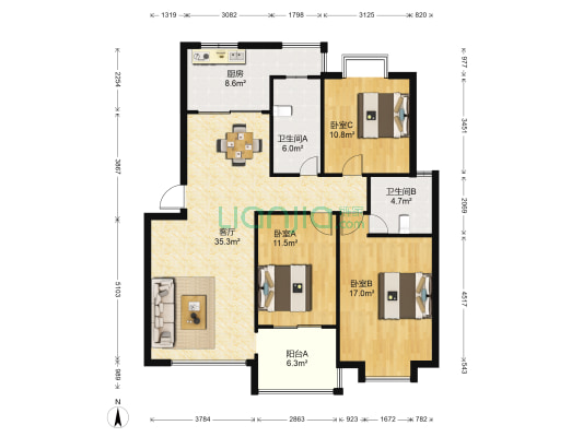 汇景公寓 3室1厅2卫 123平方