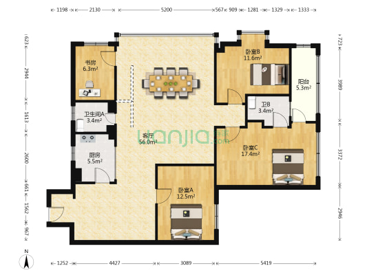 天雄大厦 4室1厅2卫 151平方