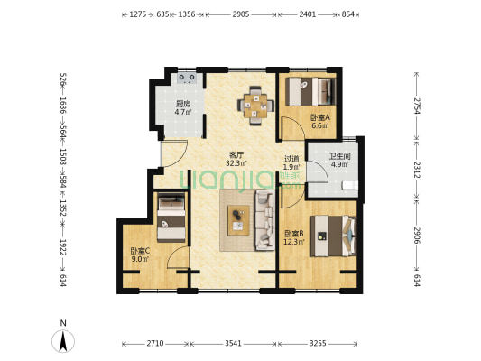 金地中央公园 3室1厅1卫 87平方