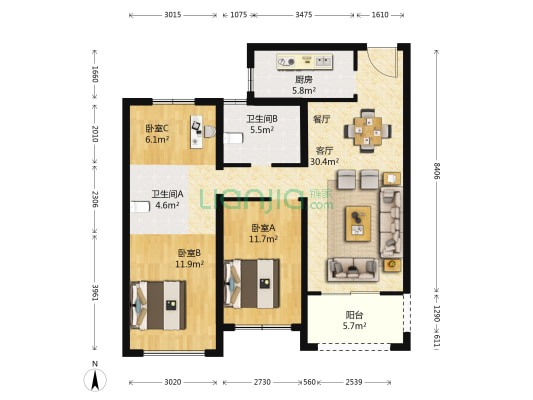 潮闻天下 3室1厅2卫 88平方