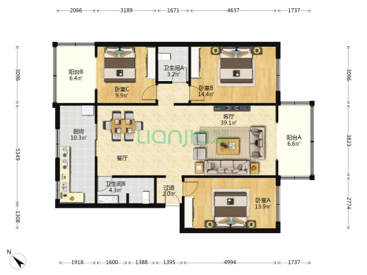 酱园南街97号 3室1厅2卫 125平方