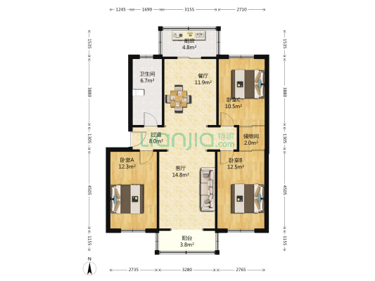 翠亨花园南里 3室2厅1卫 117平方