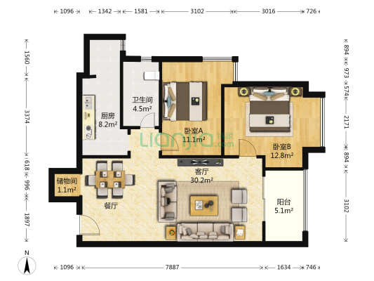海伦国际米兰区 2室1厅1卫 87平方