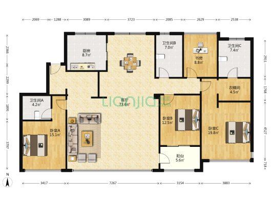 二号府邸 4室1厅3卫 203平方
