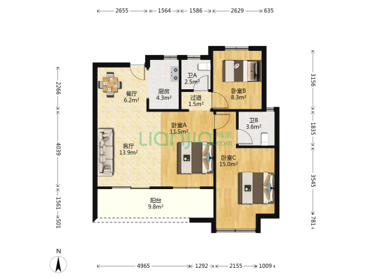 康瑞花苑 3室2厅2卫 98平方