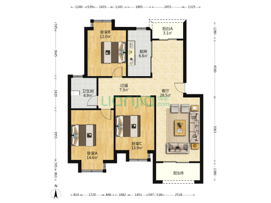 沐庄湖花园 3室1厅1卫 109平方