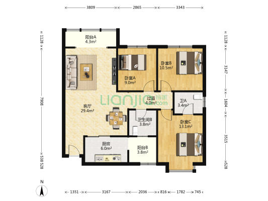 龙江国际城 3室1厅2卫 108平方