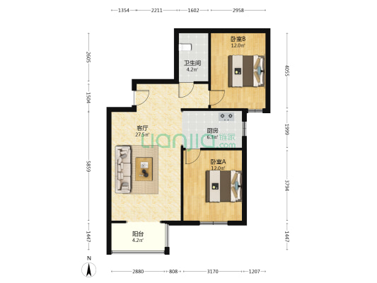范阳路 惠友荷园 南向2居室 满五唯一 精装修 无尾款-户型图