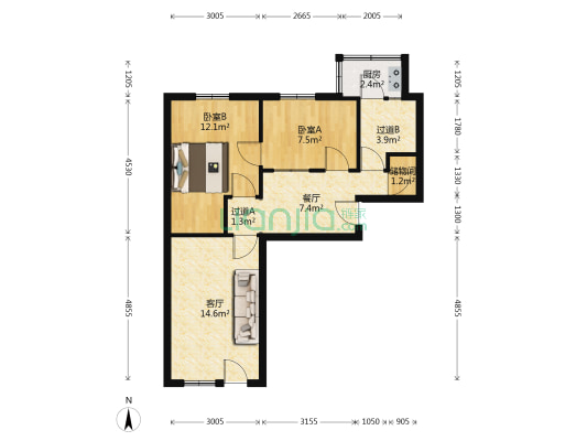 铁路上双塔寺小区 2室2厅0卫 66平方
