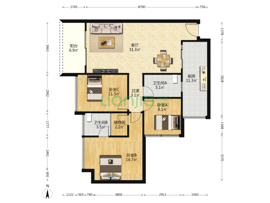 学府苑（万州） 3室1厅2卫 110平方