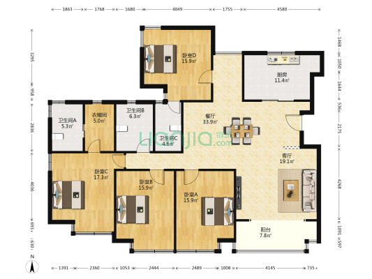 魏玛原墅(公寓) 4室2厅3卫 193平方