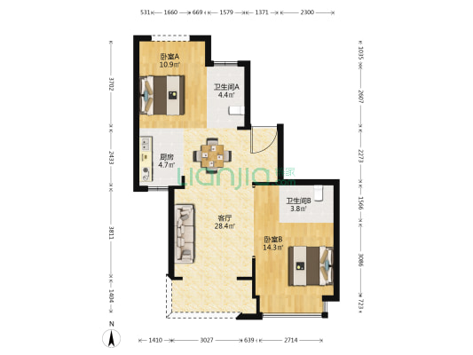 百嘉汇园 2室1厅2卫 99平方