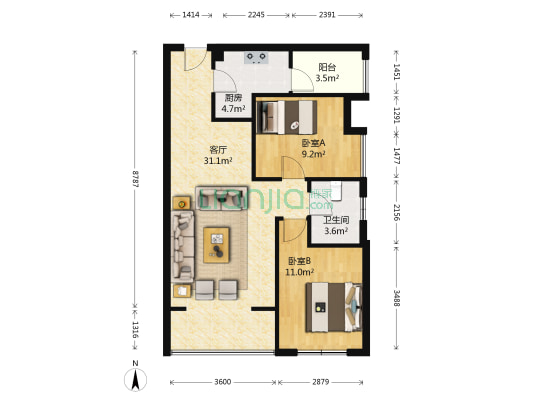 紫荆城 2室1厅1卫 70平方
