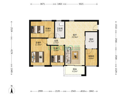 中博城果 3室1厅1卫 90平方