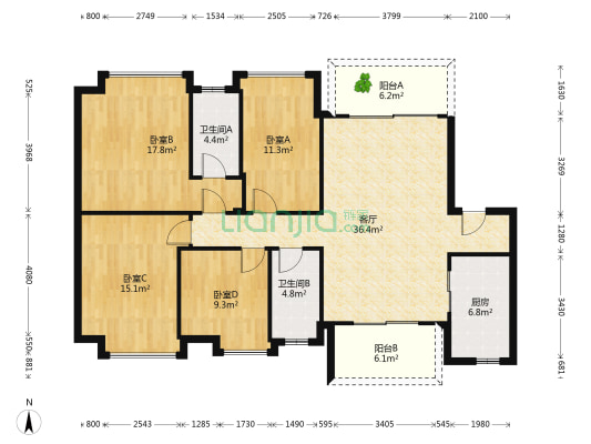 中科中心公寓 4室1厅2卫 149平方