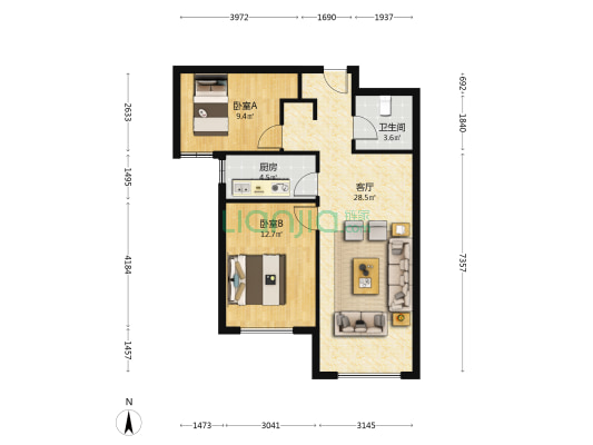 朝南两居，两梯四户，业主诚意出售 房本满二-户型图