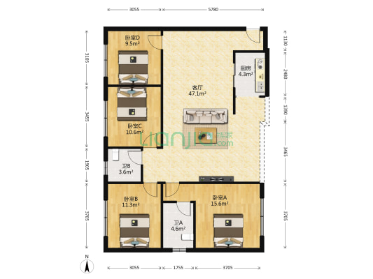 东泰国际 4室1厅2卫 135平方
