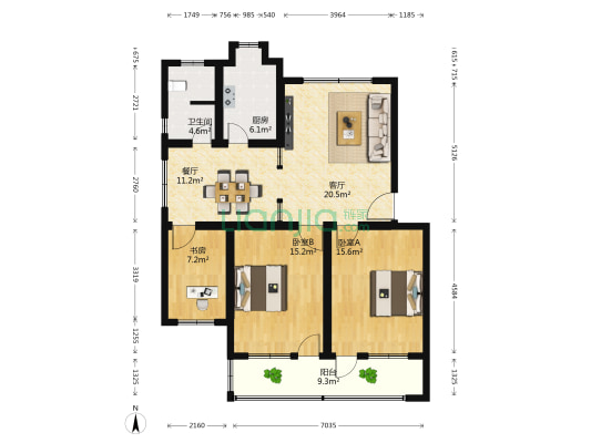 微波楼小区 3室2厅1卫 107平方
