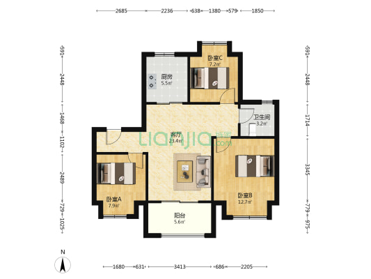 新长宁·水韵名邸 3室1厅1卫 92平方