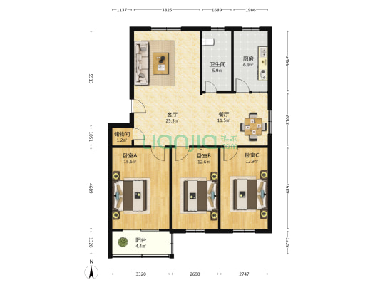 宏东粮苑 3室2厅1卫 121平方