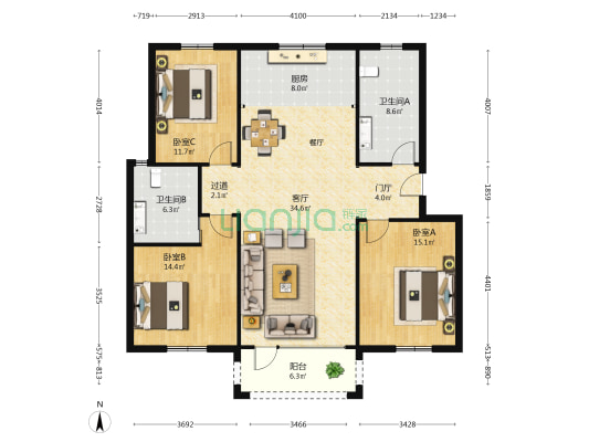 宏远泰和花园 3室1厅2卫 133平方
