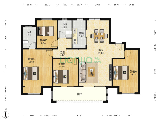 金厦阳光经典 4室1厅2卫 138平方