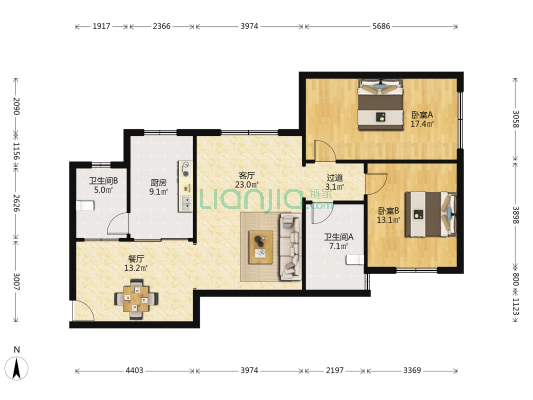 百富达公寓 2室2厅2卫 124平方
