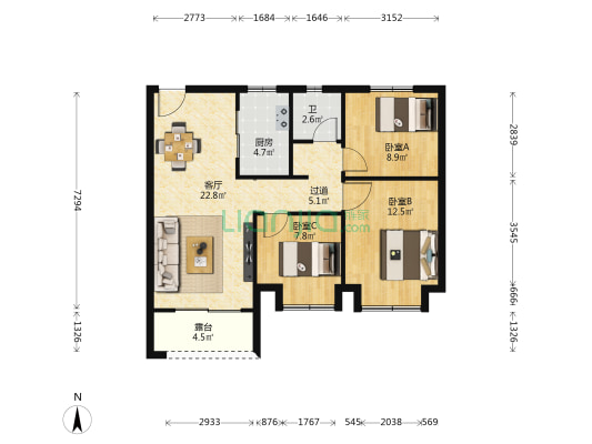 兰州高科红星天铂 3室1厅1卫 98平方